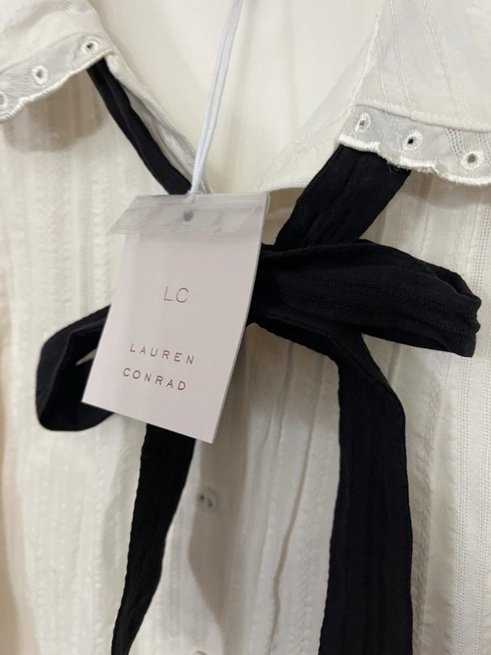 LC Lauren Conrad Ivory Button-Front Eyelet Collar Blouse with Black Bow - Picture 4 of 8